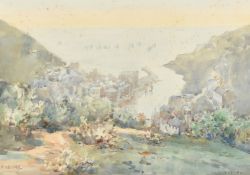 Frank Kelsey (active 1887-1923) British, View from a hill looking towards a fishing village harbour,