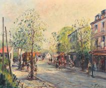 French School circa 1920's, A pair of street scenes with figures and children playing, oils on