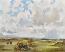 Murphy, Circa 1957, golfers on a links course under breaking skies, oil on board, signed, 13