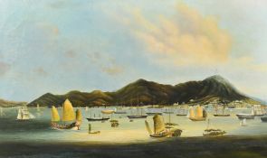 Anglo-Chinese School, a view of boats moored near Hong Kong, oil possibly on paper laid down, 18