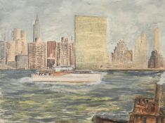 Circle of C. R. W. Nevinson, A view of New York from the Hudson River, oil on canvas board, 17.75