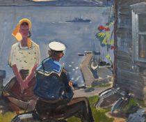 A sailor seated next to a young woman outside a dwelling looking out to sea watching a ship, oil