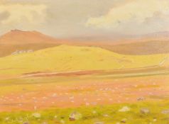 Robert Morson Hughes (1873-1953) British, A vast landscape with stones in a field and hills