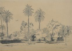 20th Century pencil sketch, 'Pink Palace, Khartoum', figures beneath palm trees, inscribed and dated