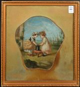 19th Century, Continental School, Children playing outside, oils in a fan shape, 8.5