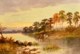 Henry Cooper (19th/20th Century) British, a figure and horses crossing a river at dusk, oil on