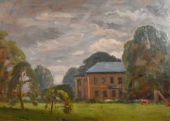 John Brown, 20th Century, British, A large country house with horses in the grounds, oil on board,