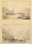 Two pencil sketches in one mount, a view of a bridge over a river near buildings and a church, the