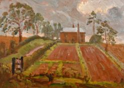 John Brown, 20th Century, British, View of a house and garden, oil on board, signed with initials,