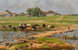 A river scene with cattle at the water's edge, logs gathered and a path through to the other side