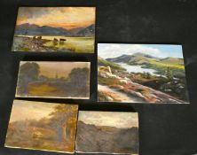 A grouped lot of nine unframed oil landscape views, some on canvas, various sizes from 7
