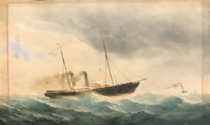 19th Century English School, a steam ship rolling in heavy seas, watercolour, 15