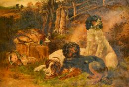 T. Rhodes, late 19th Century, game dogs by the day's bag, oil on canvas, signed, 16