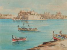 Edwin Galea (b.1934) Maltese, 'The Grand harbour', Malta, watercolour, inscribed in pencil, signed