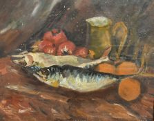 Mid 20th Century, A still life of two fish with tomatoes and a jug, oil on board, 11.25