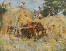 Frederick William Jackson (1859-1918) British, figures moving hay on a horse and cart, oil on board,
