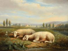 19th Century, Two sheep in a landscape, oil on panel, 7.25