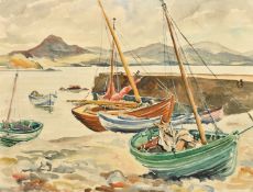 D. Cashmore, Moored sailing boats by a stone pier, possibly Scotland, watercolour, signed, 15