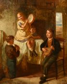 Late 19th Century, An interior scene with four children playing musical instruments and a dog