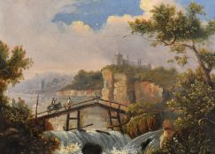 19th Century Continental School, figures crossing a wooden bridge with a castle on the horizon,