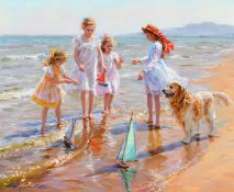 Konstantin Razumov (b. 1974), young girls sailing toy yachts on a beach with a retriever watching,