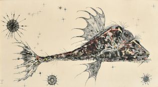 Rodolfo del Castillo, Study of a flying fish, mixed media, signed, 12.5