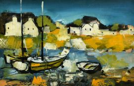 J. M (20th Century, Moored boats at low tide with a row of cottages on the opposite bank, acrylic,