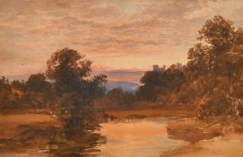 Attributed to David Cox, 'Haddon Hall at Sunset', watercolour, 6.75