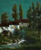 Rene Tassoul (early 20th Century), A group of dwellings by a stream at dusk, oil on board, signed,
