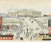 Laurence Steven Lowry (1887-1976), 'Station Approach', a crowd heading towards a station, colour
