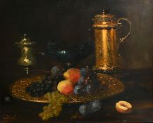 E. Didier (19th Century) a still life of mixed objects including a gold platter with fruit, oil on