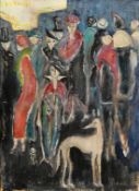 Mid 20th Century, 'Boutique', A group of elegant figures and two dogs, oil on board, indistinctly
