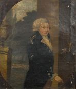 18th Century, Portrait of a gentleman standing wearing a long blue coat, oil on canvas, 11.5