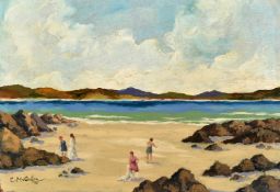 C. McAuley, A rocky coastal scene with bathers, oil on panel, with signature, 12.5