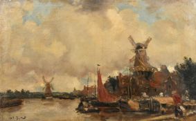 Dutch School (Late 19th Century), Windmills along the canal with moored boats and figures, oil on