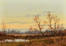 James Wright (b. 1935), cattle gathered by a lake at dusk, oil on board, signed, 10