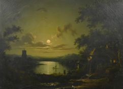 Sebastian Pether (1790-1844) British, figures in a boat on a moonlit lake with a watermill and