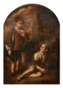 Manner of Bartolome Esteban Murillo, Two urchins with a dog, oil on canvas laid down on an arched
