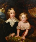 Circle of Thomas Lawrence, Circa 1830, a portrait of two children amongst foliage with a landscape