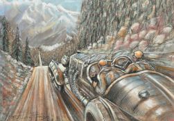 Manner of F. Gordon Crosby (1885-1943), A mountainous rally, mixed media, mostly pastel and