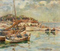 Gertrude Mary Coventry (1886-1964) Scottish, A coastal scene with boats and figures beyond, oil on