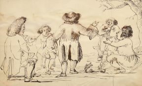 Follower of Thomas Rowlandson, A group of figures with a dog sitting and standing near a tree, ink