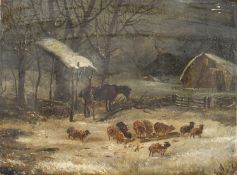 After Herring, A winter landscape with snow, sheep eating from a trough with a horse nearby, oil