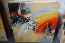 Colourful abstract and landscape scenes, oil on canvas, unframed, a set of eight.