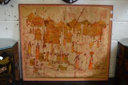 African village scene with figures and buildings, Batik painting on textile.