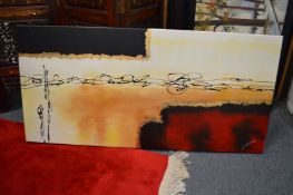 Colourful abstracts and landscapes, oil on canvas, group of four, various sizes.