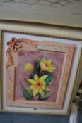 Floral studies, oil on board in carved wood slips and decorative frames.