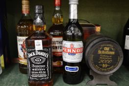 Jack Daniels 1 litre, Captain Morgan 1 litre, Southern Comfort 1 litre, 1 bottle Pernod and Old