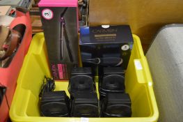 Hairdryer, curling tongs, boxed unused, and a set of five miniature speakers.