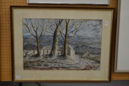 George Wyllie Hutchinson, Rural landscape with path and buildings, watercolour.